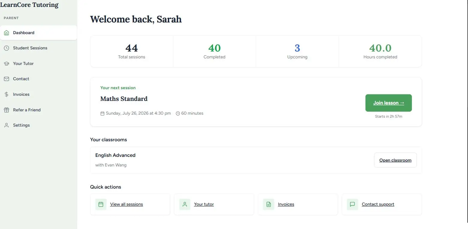 LearnCore parent dashboard overview showing session totals, hours completed, the next upcoming lesson with a join link, and quick links to sessions, tutor and invoices
