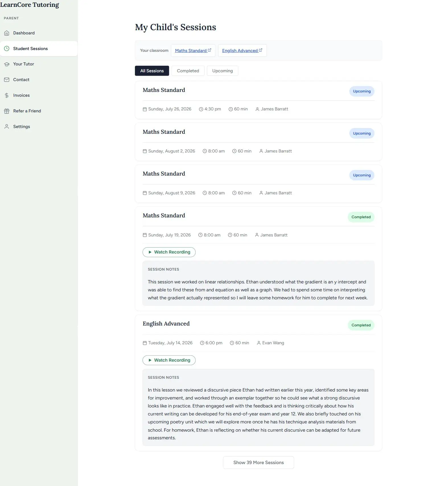LearnCore parent dashboard showing upcoming sessions, session history and lesson reports for NSW students